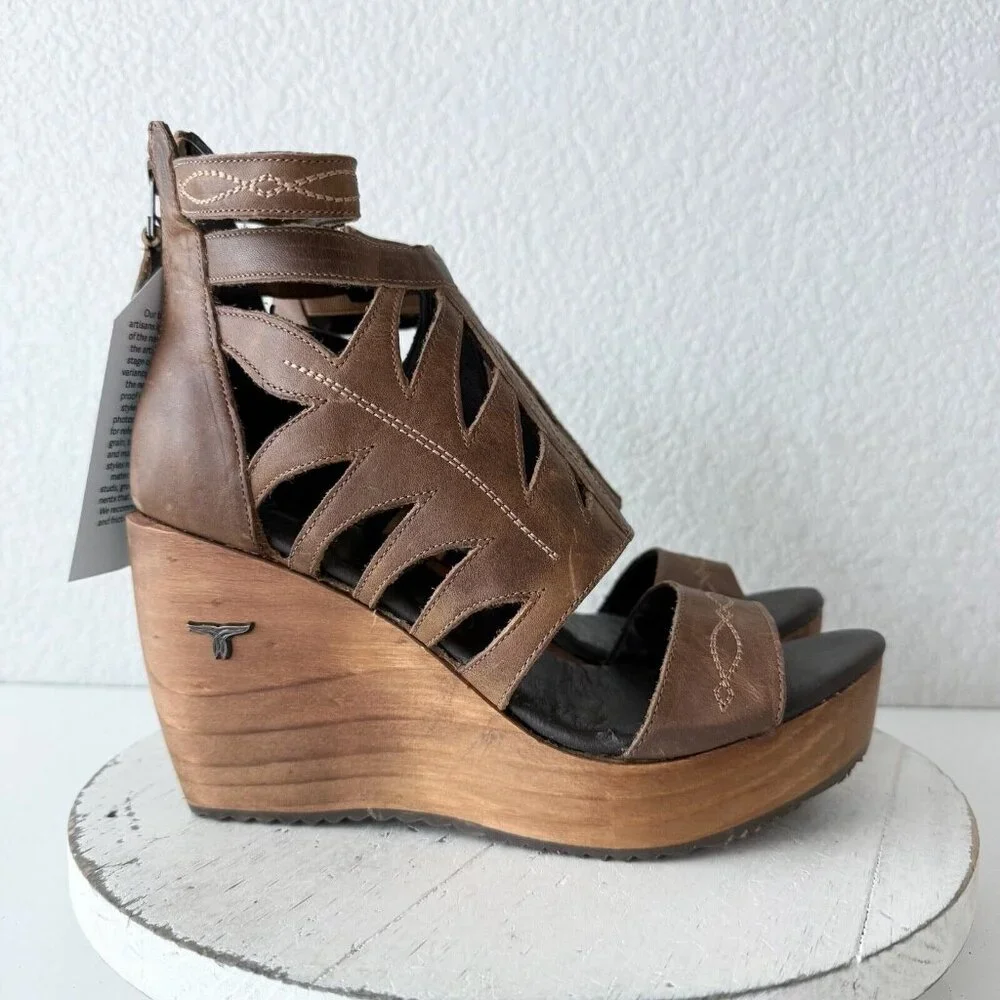 NEW Lane Boots BECCA Womens Brown Wedges Sz 9.5 Western Sandals Cowgirl Leather - Picture 3 of 12